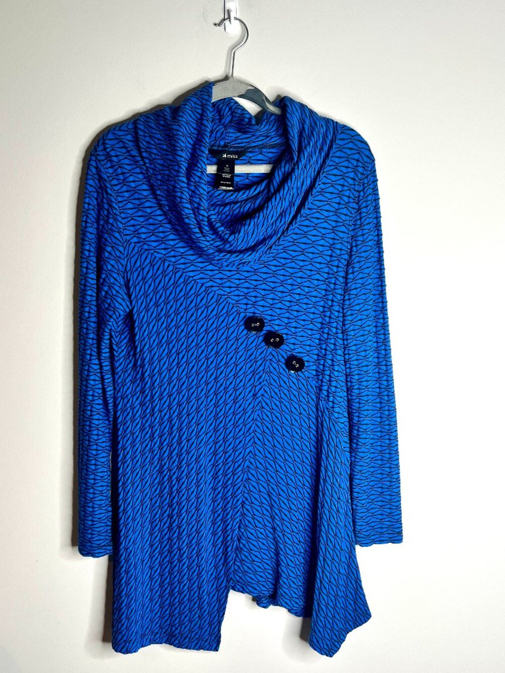 Ali Miles Blue Textured Boho Asymmetrical Hem Tunic Cowl Neck Oversized Sz M